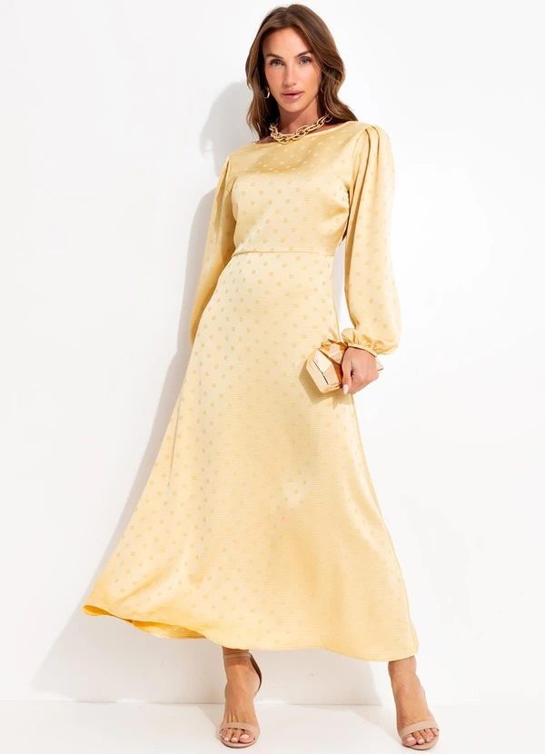 Quintess - Vestido Amarelo Claro em Tecido Plano Jacquard