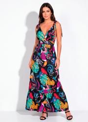Vestido Animais Fundo Preto com Al�as e Babado