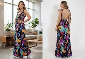 Vestido Animais Fundo Preto com Al�as e Babado