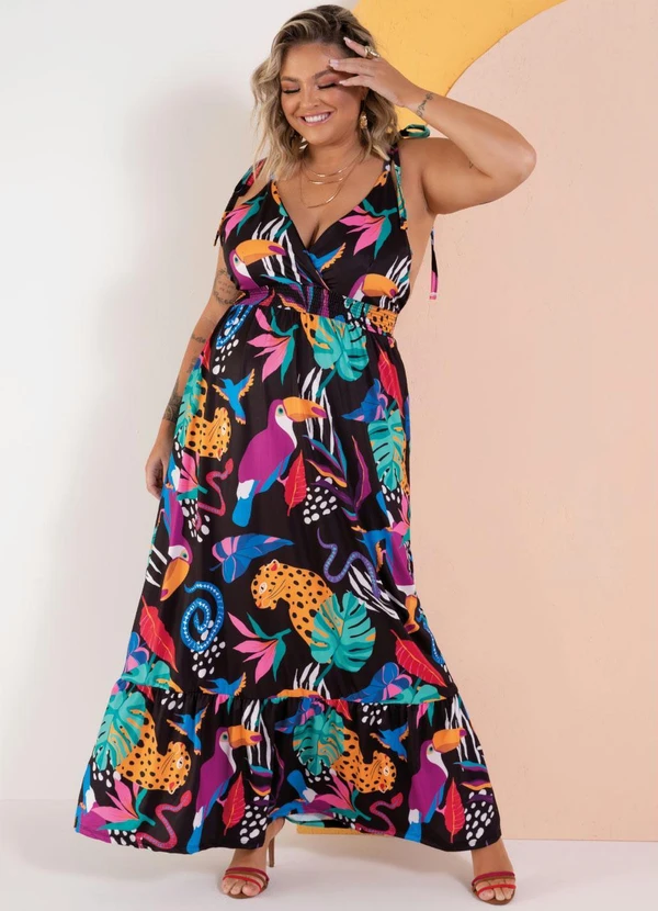 Quintess - Vestido Animais Fundo Preto com Alças e Babado