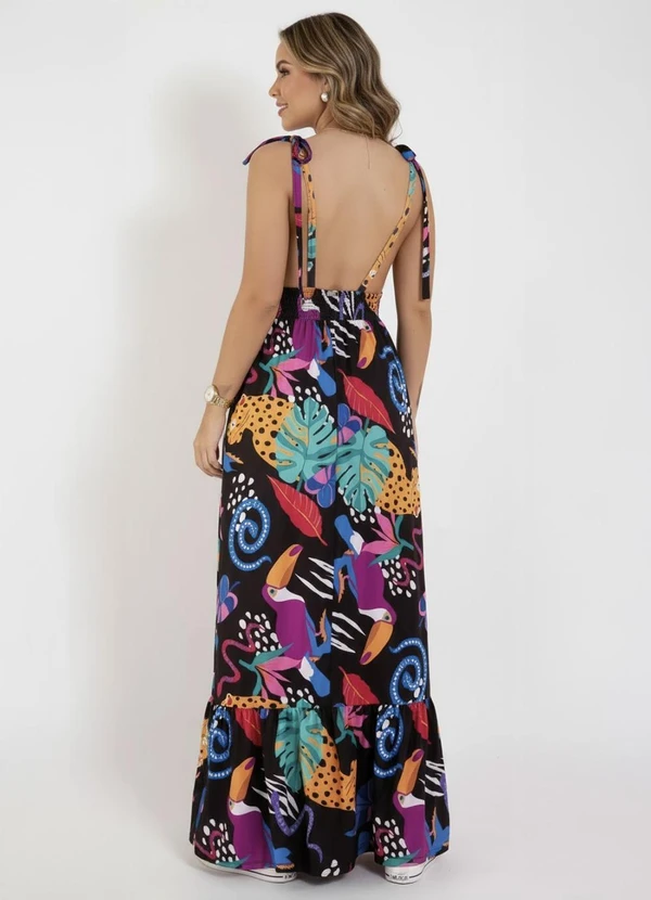 Quintess - Vestido Animais Fundo Preto com Alças e Babado 2