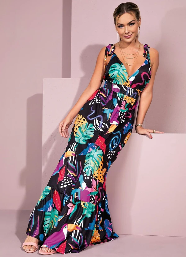 Quintess - Vestido Animais Fundo Preto com Alças e Babado 5