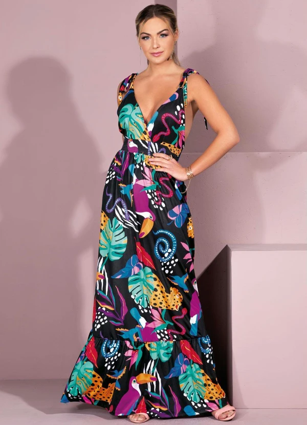 Quintess - Vestido Animais Fundo Preto com Alças e Babado 7