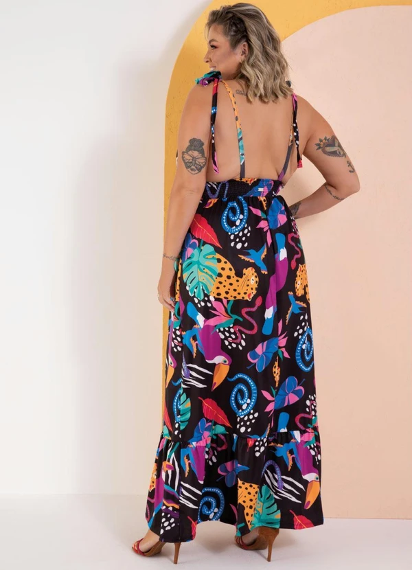 Quintess - Vestido Animais Fundo Preto com Alças e Babado 8