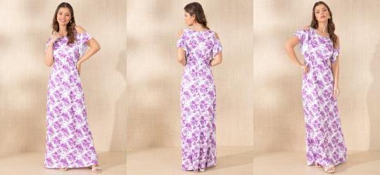 Vestido Animal Print Abstrato com Ombro Vazado