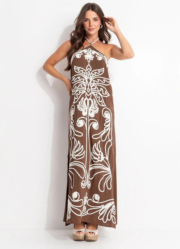 Farm - Vestido Artesanal Corneli Esplendor Marrom