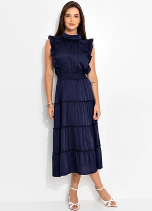 Quintess - Vestido Azul Marinho em Cetim - QUINTESS