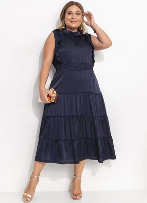 Quintess - Vestido Azul Marinho em Cetim - QUINTESS