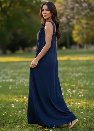 Quintess - Vestido Azul Marinho em Crepe Plano - QUINTESS