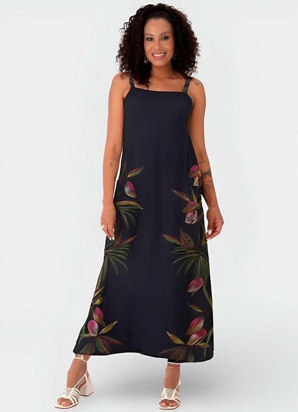 Malwee - Vestido Azul Marinho Longo Tropical