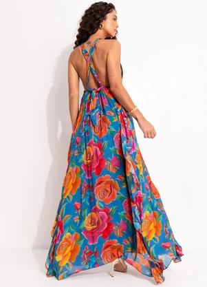 Farm - Vestido Babados Rosas Pintadas Azul - FARM