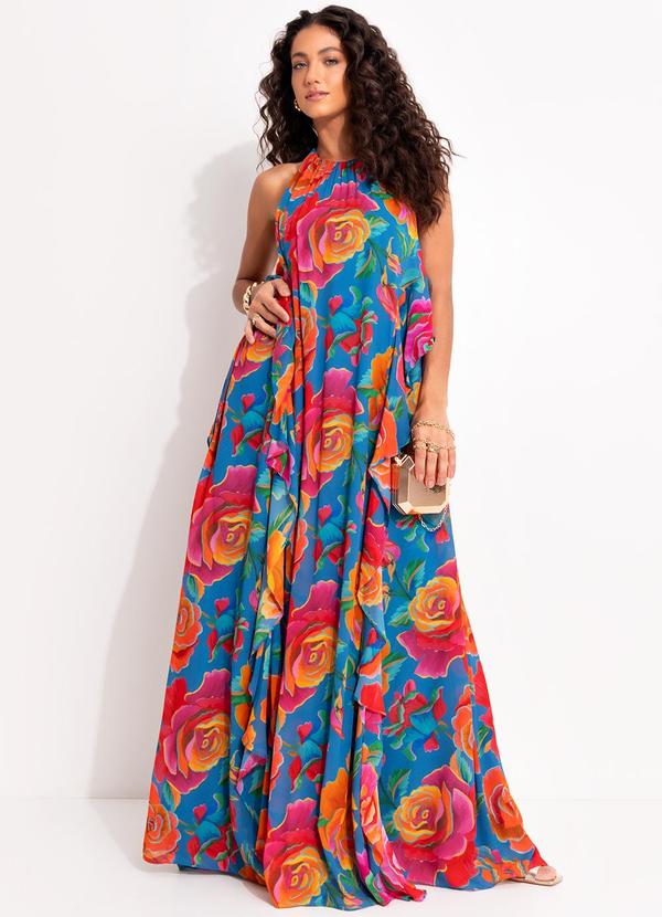 Farm - Vestido Babados Rosas Pintadas Azul 5