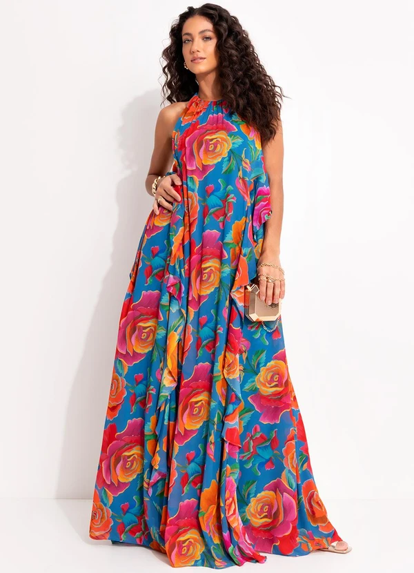 Farm - Vestido Babados Rosas Pintadas Azul