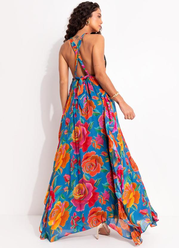 Farm - Vestido Babados Rosas Pintadas Azul 4