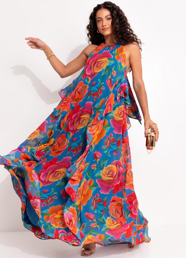 Farm - Vestido Babados Rosas Pintadas Azul 3