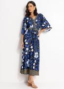 Vestido Barrado Floral Azul em Malha Fria
