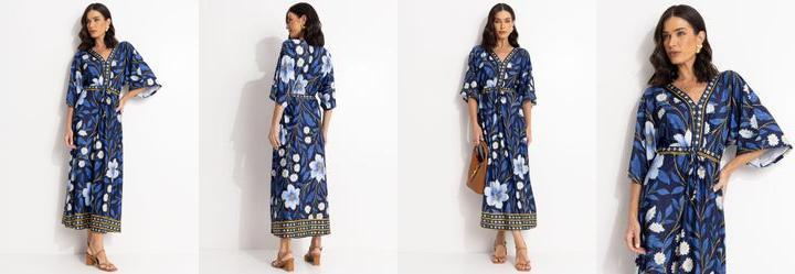 Vestido Barrado Floral Azul em Malha Fria
