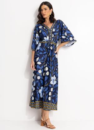 Vestido (Barrado Floral Azul) em Malha Fria