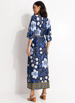 Quintess - Vestido Barrado Floral Azul em Malha Fria - QUINTESS