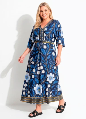 Quintess - Vestido Barrado Floral Azul em Malha Fria - QUINTESS