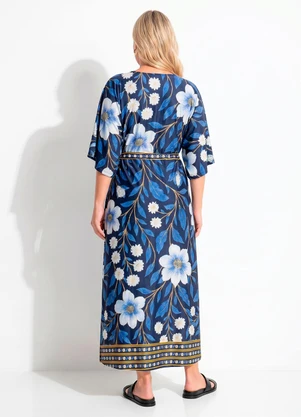 Quintess - Vestido Barrado Floral Azul em Malha Fria - QUINTESS