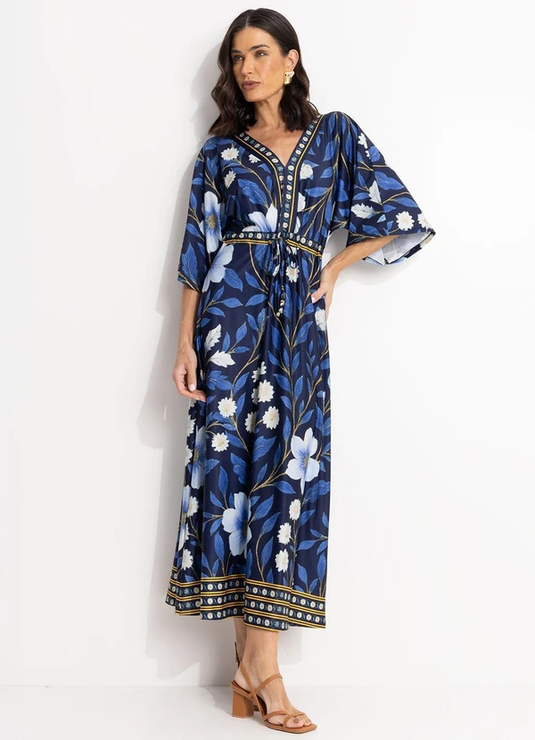 Quintess - Vestido Barrado Floral Azul em Malha Fria