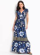 Vestido Barrado Floral Azul em Malha Fria