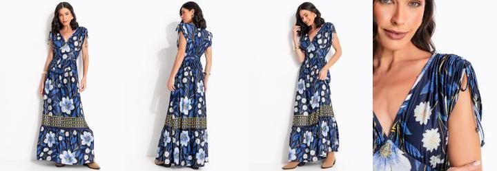 Vestido Barrado Floral Azul em Malha Fria