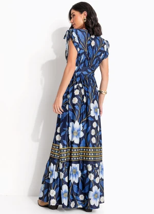 Quintess - Vestido Barrado Floral Azul em Malha Fria - QUINTESS