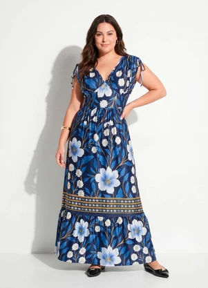 Quintess - Vestido Barrado Floral Azul em Malha Fria - QUINTESS