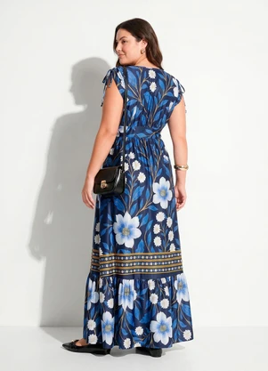 Quintess - Vestido Barrado Floral Azul em Malha Fria - QUINTESS