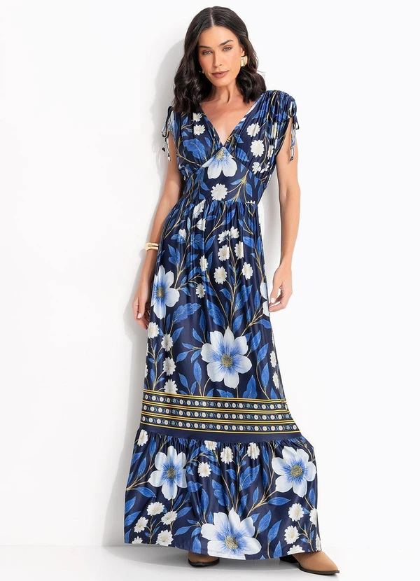 Quintess - Vestido Barrado Floral Azul em Malha Fria