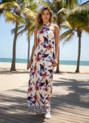 Quintess - Vestido Barrado Floral em Malha Fria - QUINTESS