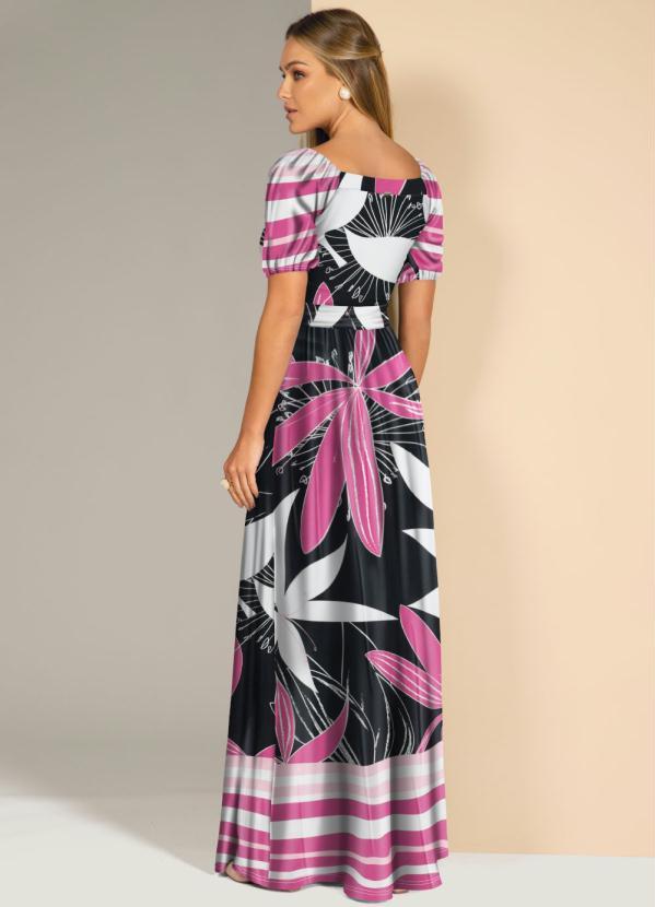 Quintess - Vestido Barrado Rosa com Elástico no Punho 2