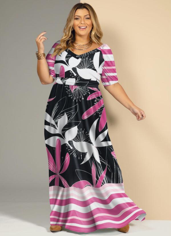 Quintess - Vestido Barrado Rosa com Elástico no Punho 4