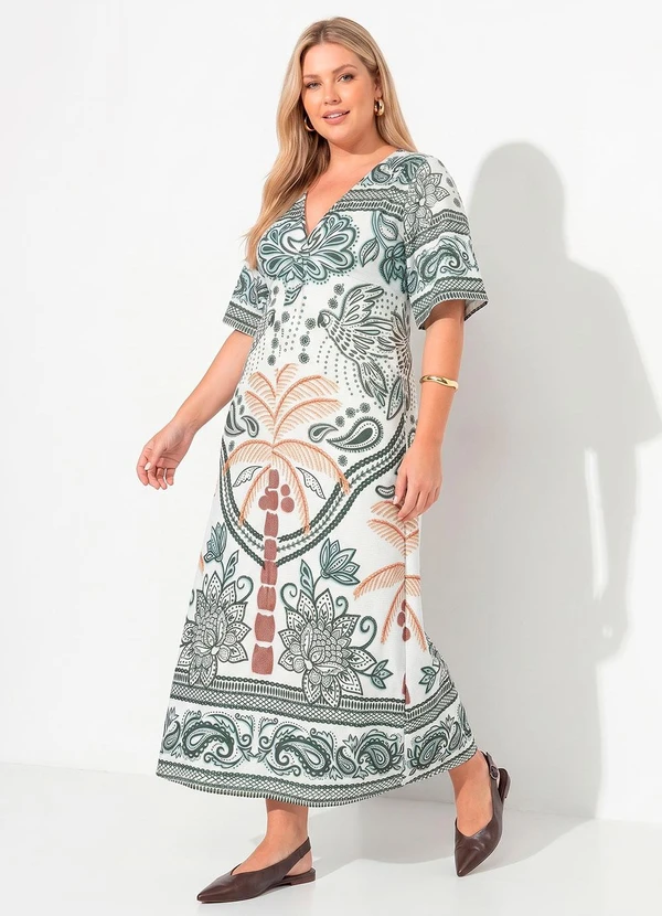 Quintess - Vestido Barrado Tropical Verde em Malha Fria