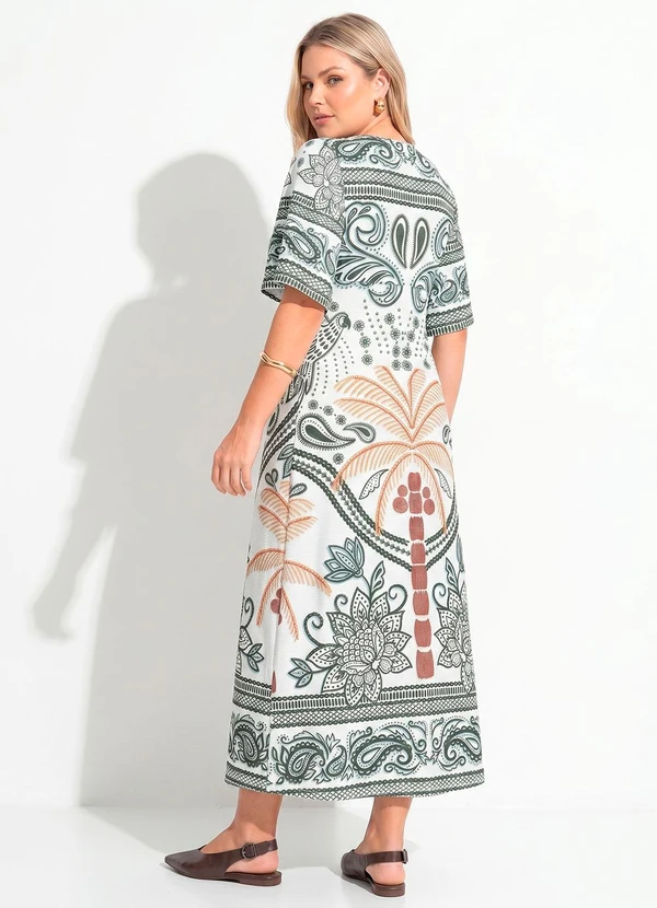 Quintess - Vestido Barrado Tropical Verde em Malha Fria