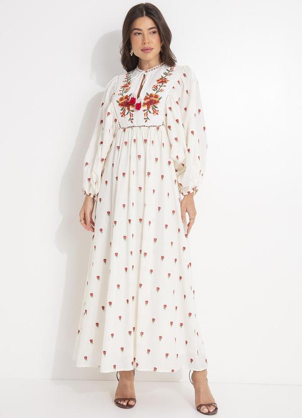 Farm - Vestido Bata Artesanal Bordado Off White