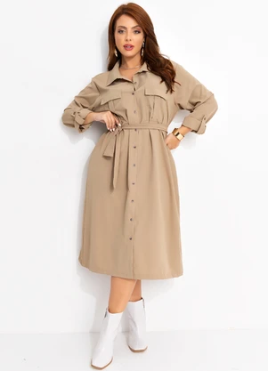 Quintess - Vestido Bege em Tecido Maquinetado - QUINTESS