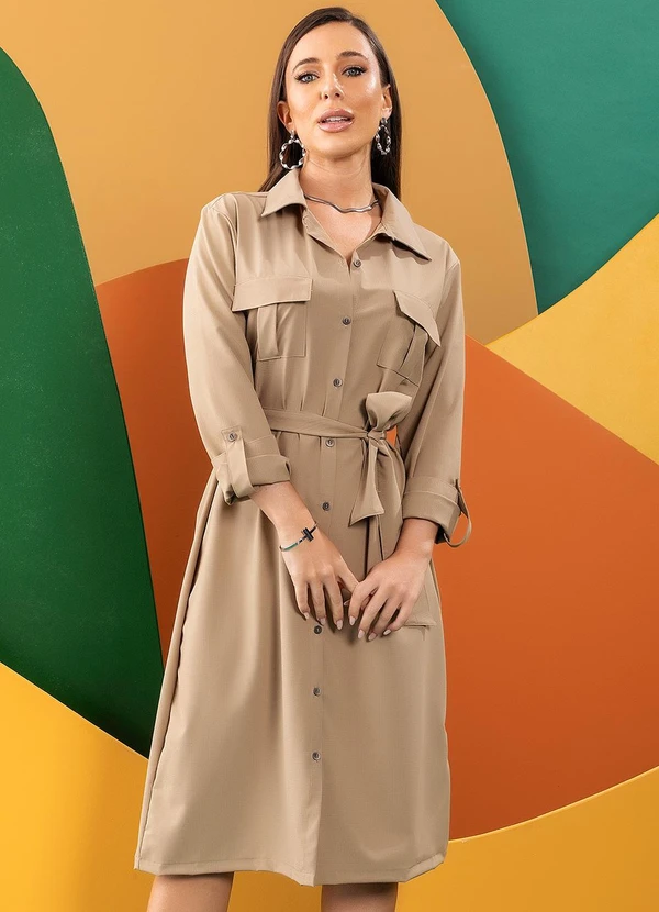 Quintess - Vestido Bege em Tecido Maquinetado