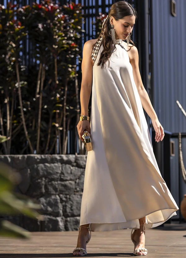 Quintess - Vestido Bege em Viscose Plana Sarjada