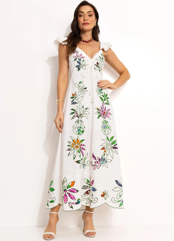 Farm - Vestido Bordado Floral em Viscose Off White 3