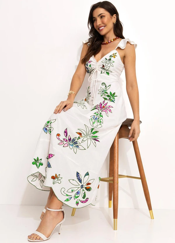 Farm - Vestido Bordado Floral em Viscose Off White 5