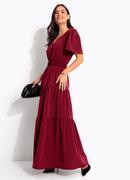 Vestido Longo Bord� em Crepe com Bot�es e El�stico na Cintura