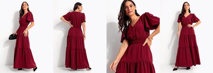 Vestido Longo Bord� em Crepe com Bot�es e El�stico na Cintura
