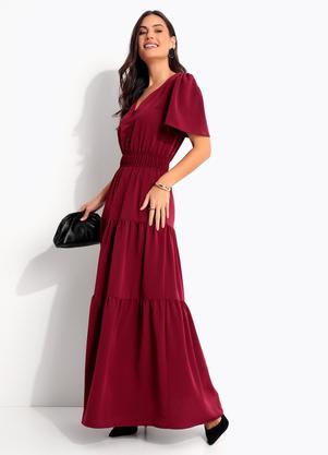 Vestido Longo Bord� em Crepe com Bot�es e El�stico na Cintura