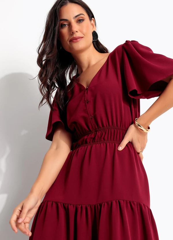 Quintess - Vestido Longo Bordô em Crepe com Botões e Elástico na Cintura 2