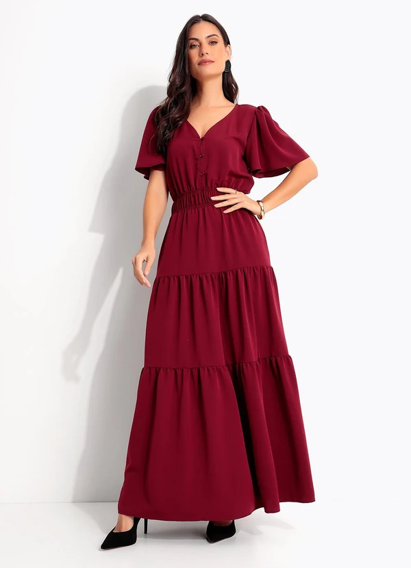 Quintess - Vestido Longo Bordô em Crepe com Botões e Elástico na Cintura