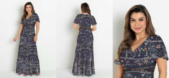 Vestido Camadas Floral Marinho