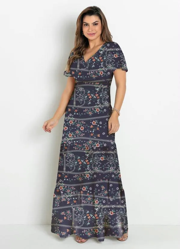 Rosalie - Vestido Camadas Floral Marinho